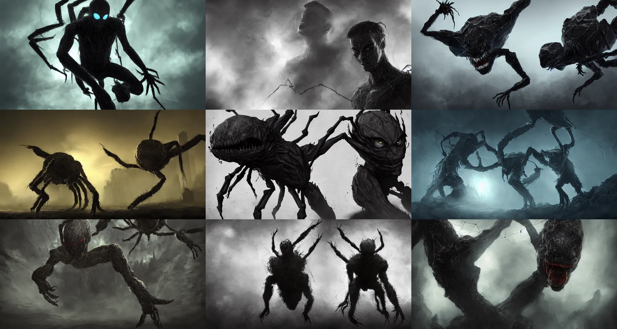 Prompt: hybrid of Tobey Maguire and a spider monster. Digital art, dark, fantasy, epic, dramatic, volumetric lighting, trending on artstation, detailed, 8k