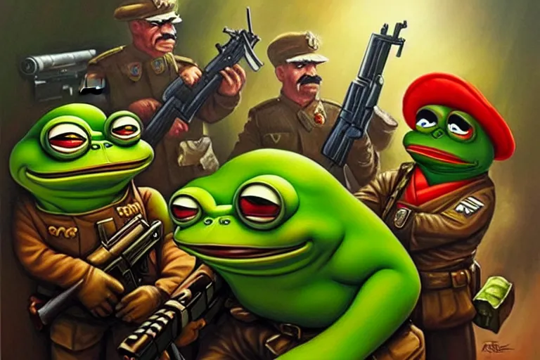 Image similar to portrait of sad pepe the frog and josef stalin with guns fighting a drug cartel, an oil painting by ross tran and thomas kincade