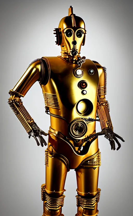 Image similar to steampunk version of c 3 po, promotional photo, studio lighting