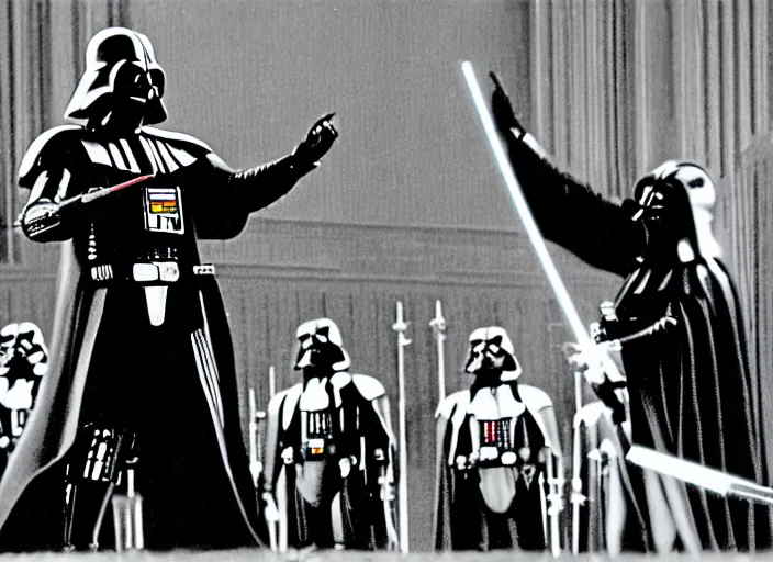 Image similar to film still of Darth Vader conducting an orchestra live at Heinz hall, 4k