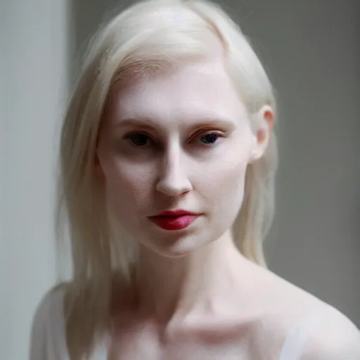 Image similar to close photo portrait of a pale skin woman wearing a white dress and long hook nose