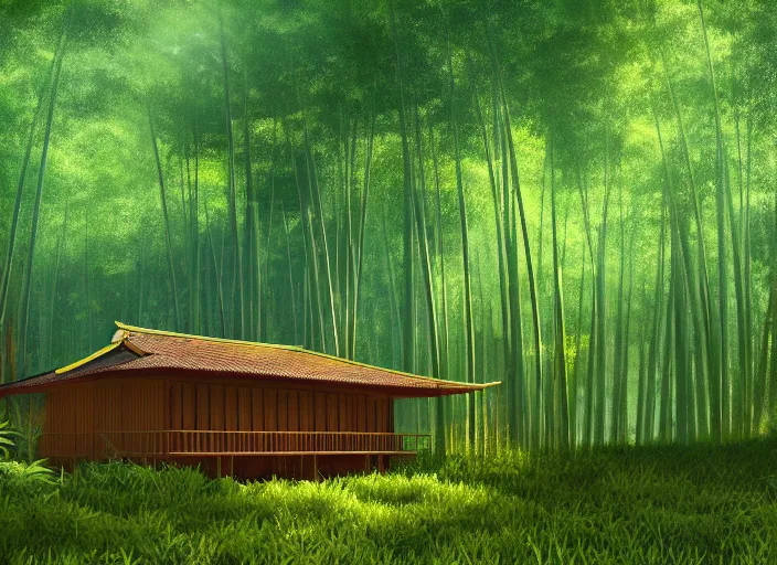 Prompt: deep in a japanese bamboo forest, small wooden house in distance, sunny, cartoony, sketched, mid day, realistic lighting, light rays, by ghibli studio, arcane, wild rift, trending on artstation, 4 k, hd