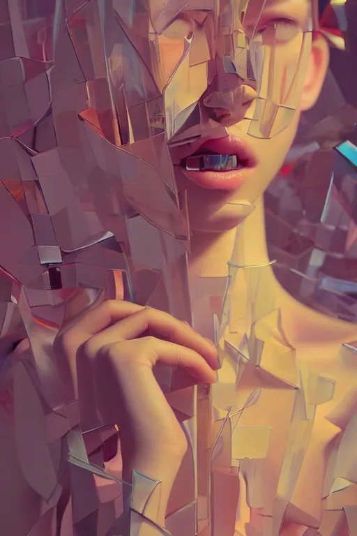 Image similar to 3 d, close - up, happy fashion model, plastic, poster art, intricate oil painting, high detail, figurative art, multiple exposure, poster art, 3 d, by stanley kubrick and tooth wu and wlop and beeple
