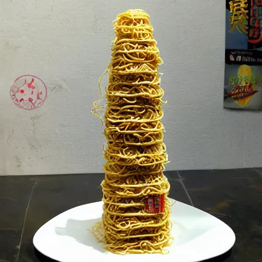 Image similar to indomie mi goreng noodles tower, marketplace, solarpunk, photo realistic, gourmet