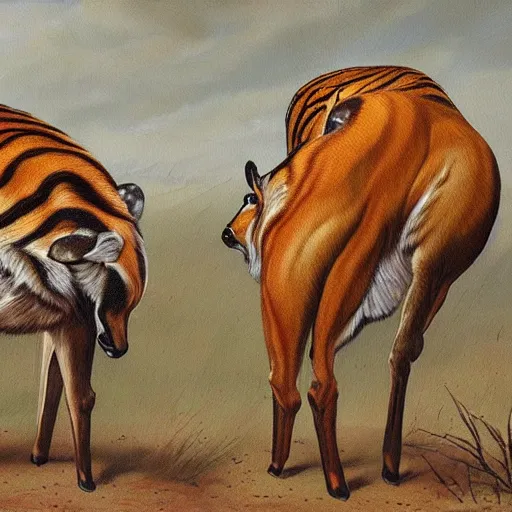 Prompt: a painting of deer in tiger skin and tiger in deer skin facing each other, their heads bowed towards ground by esao andrews