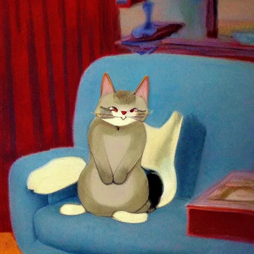 Prompt: cat sitting on sofa by tex avery