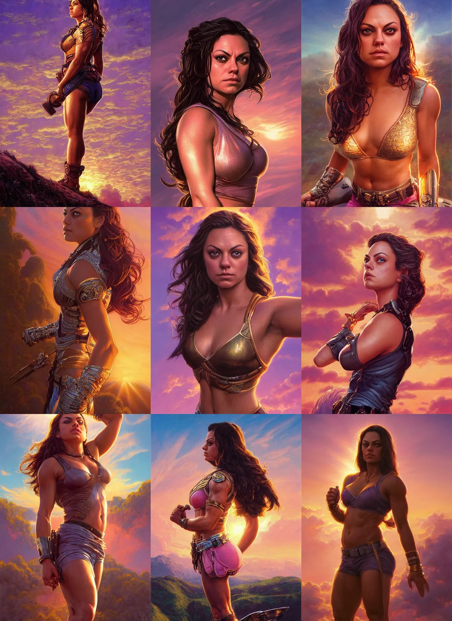 Prompt: epic portrait of Mila Kunis, a very strong muscled Amazon heroine, sun beams across sky, pink golden hour, intricate, elegance, highly detailed, shallow depth of field, epic vista, concept art, art by Artgerm and Donato Giancola, Joseph Christian Leyendecker