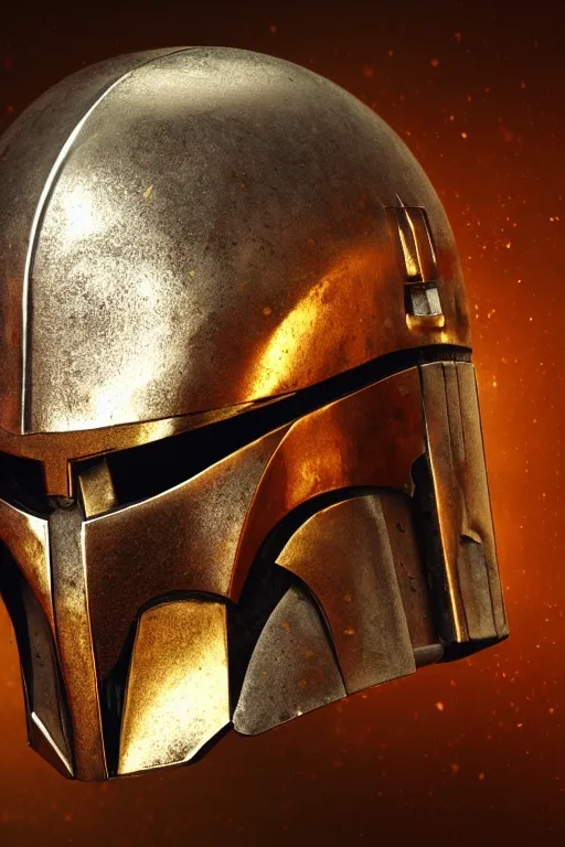 Image similar to an artistic and realistic 8k sculpture of a mandalorian helmet, liquid simulation, bright psychedelic color, dramatic lighting, silver gold red details, filigree, intricate details, cinematic, elegant, micro detail, octane render, filmic, interesting camera angle, 8k post-processing, intricate art by John Collier and Albert Aublet and Krenz Cushart and Alphonse Mucha and Greg Rutkowski