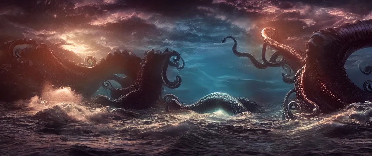 Image similar to ocean monster with big tentacles lighting establishing shot extremely high detail foto realistic cinematic lighting post processed