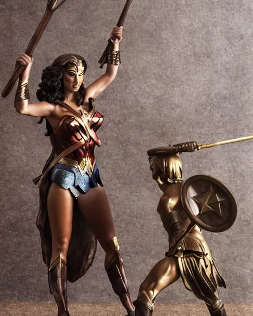 Prompt: a beautiful bronze statue of wonder woman, holding her spear and shield versus the minotaur, photorealistic, atmospheric