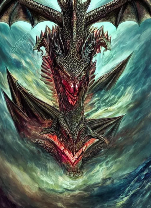 Image similar to close-up of dragon concept portrait of dangerous Viking Dragon conjuring a violent void multiversal aura, a floating iridescent lightning body from God of War in the center, intricate, elegant, luxurious, digital painting, concept art, smooth, sharp focus, from Star Trek 2021, illustration, by Hieronymus Bosch