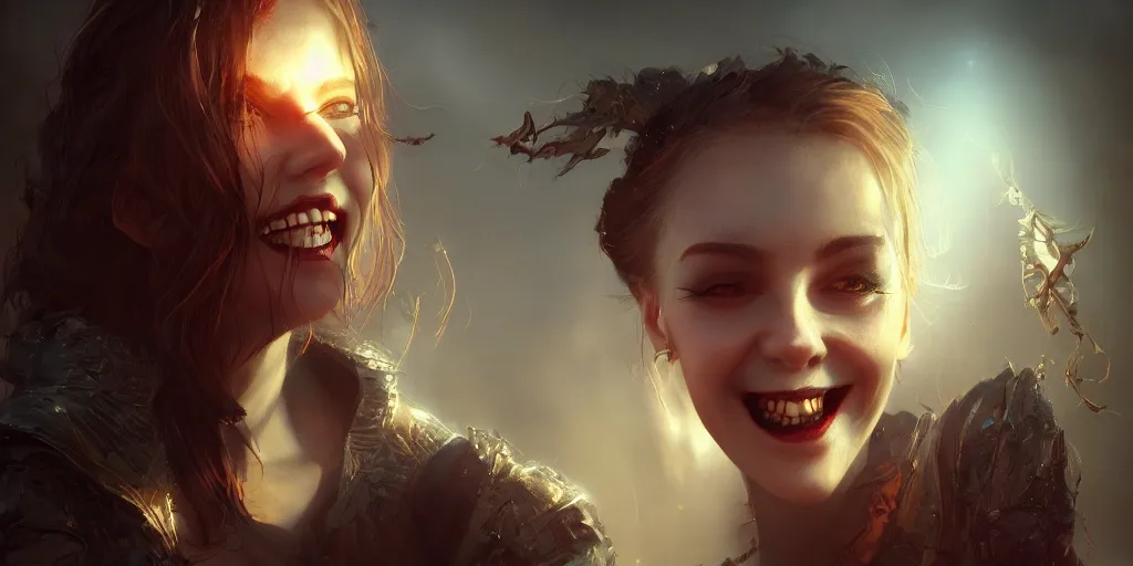 Image similar to a vampire girl smiling mysteriously, golden hour, fantasy, sharp focus, digital art, hyper realistic, 4 k, unreal engine, highly detailed, hd, dramatic lighting by brom, trending on artstation