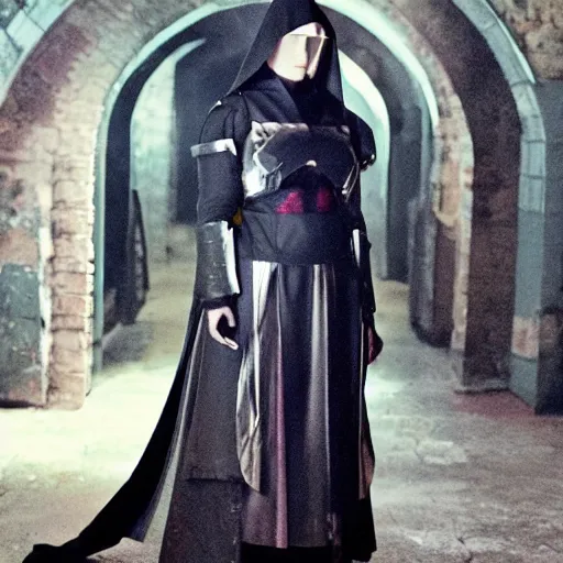 Image similar to photo of christina hendricks as a cyberpunk nun warrior with holy weapons