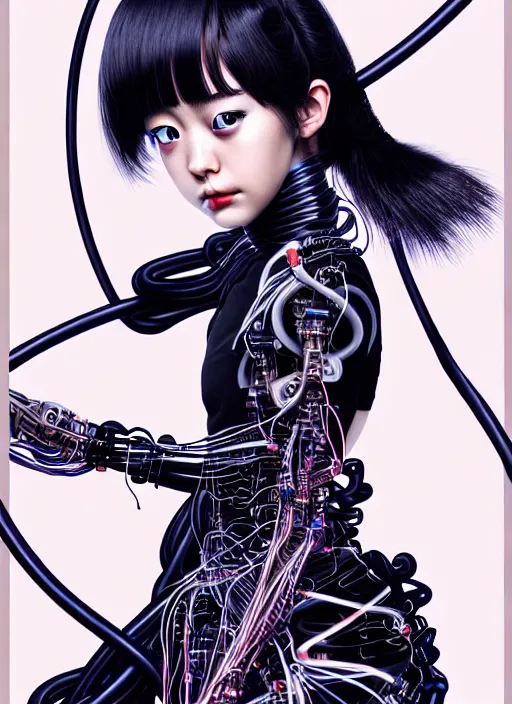 Prompt: kanna hashimoto as a absurdly beautiful cyborg, wearing a black dress, graceful, sophisticated, complex wiring and circuits, tarot card, highly detailed, digital painting, sharp focus, ultra realistic, 8 k, art by artgerm, kim jung gi, irakli nadar