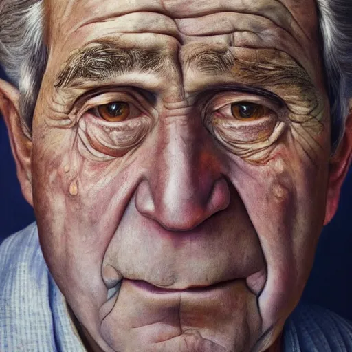 Image similar to hyperrealistic close up studio portrait of aging old George W Bush age 85 wrinkled weeping, oil painting by Ivan Albright and Lucian Freud and Ron Mueck, trending on artstation Studio lighting hyperrealism