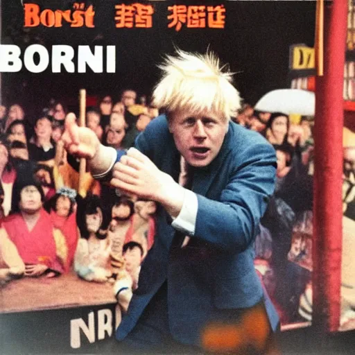 Image similar to Boris Johnson getting beaten in a fight, 60s Kung Fu film, album cover