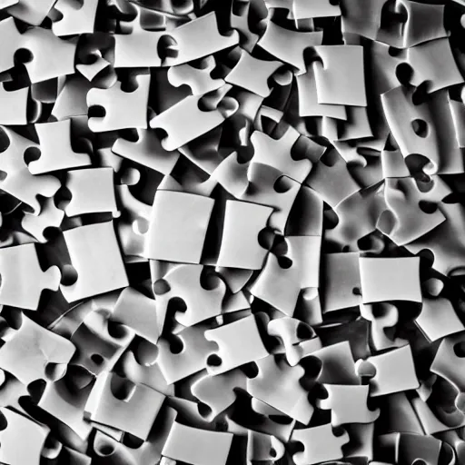 Prompt: pile of puzzle pieces arrange in a question mark, overhead shot, Sony a79, stock photo, desktop background, minimalist,