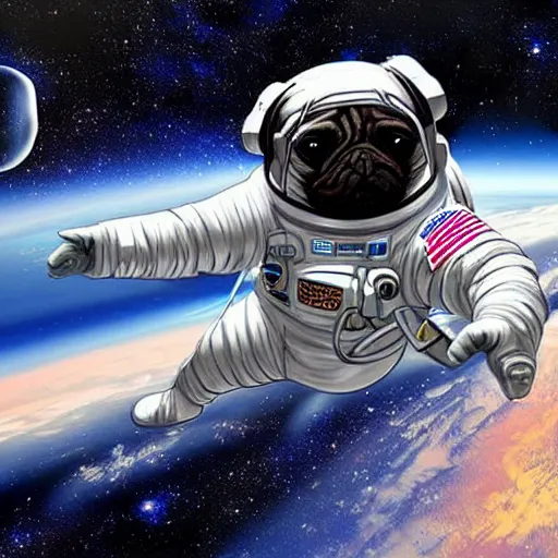 Image similar to hyper realistic, highly detailed, astronaut pug in space.