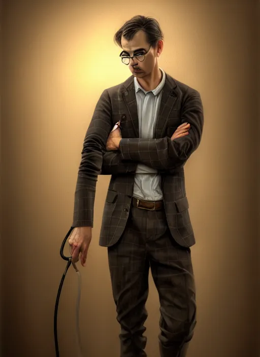 Image similar to male surgeon, brown hair, khakis, plaid shirt, gothic, moody, noir, diffuse lighting, fantasy, intricate, elegant, highly detailed, lifelike, photorealistic, digital painting, artstation, illustration, concept art, smooth, sharp focus, art by John Collier and Albert Aublet and James jean and Brian froud and ross tran and Artem Demura and Alphonse Mucha