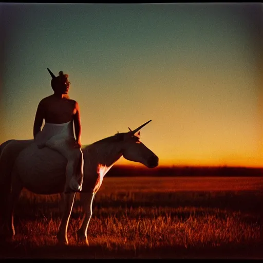 Image similar to photograph taken by a rolleiflex tlr, 1 2 0 mm, portrait, a unicorn, sunset, shot by ryan mcginley, moon in sky, night time