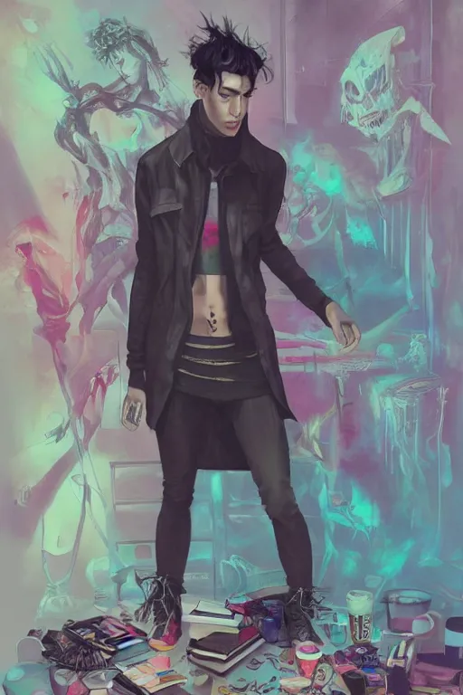 Prompt: a skinny goth guy standing in a cluttered 9 0 s bedroom, full body character concept art, vaporwave colors, digital painting, hd, ultra hd, detailed, award winning, small details, artgerm art, sabas apterus art,