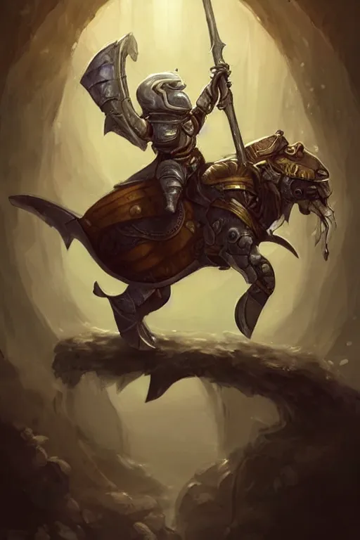 Image similar to cute little anthropomorphic dolphin knight wearing a cape, riding a tiger, tiny, small, miniature , animal, short, adorable, pretty, beautiful, DnD character art portrait, matte fantasy painting, DeviantArt Artstation, by Jason Felix by Steve Argyle by Tyler Jacobson by Peter Mohrbacher, cinematic lighting