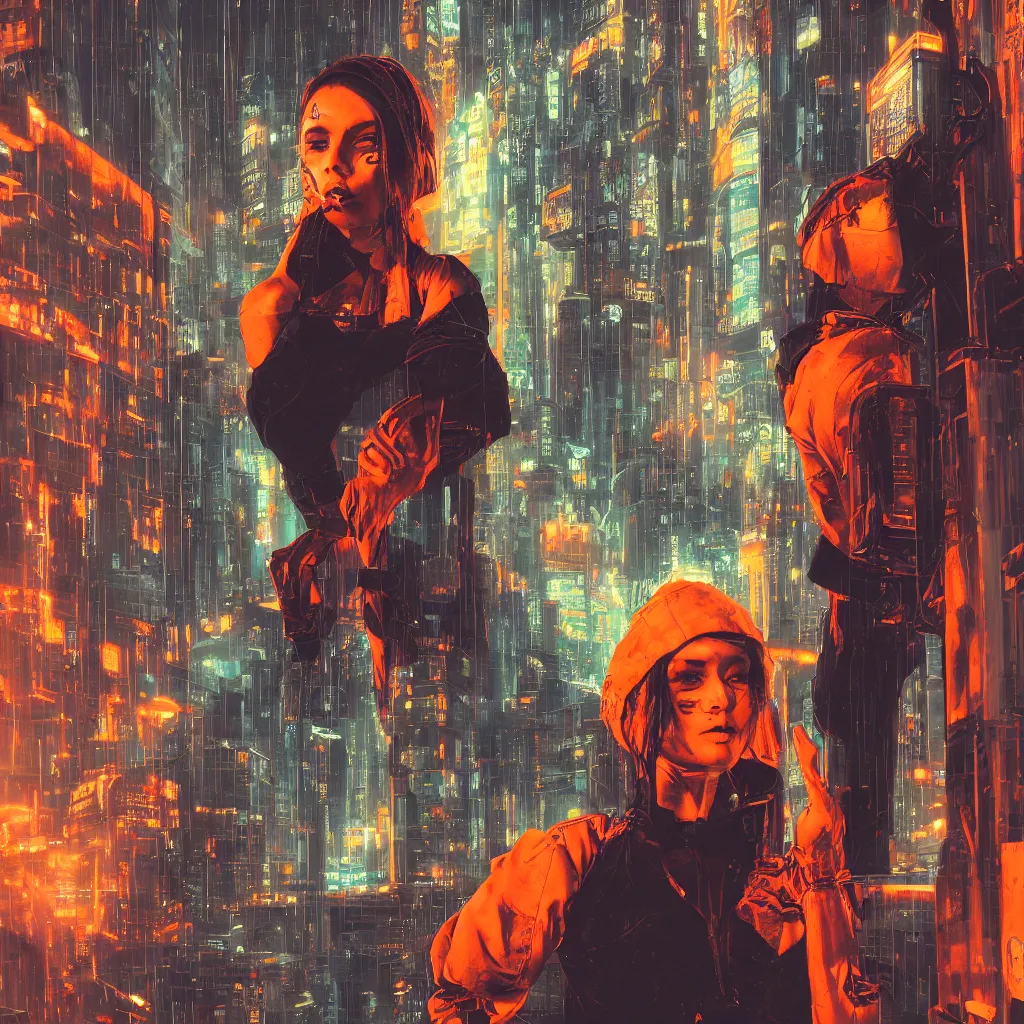 Prompt: portrait of beautiful guard hiding her chest with her arms, dystopian cyberpunk orange smoke detailed