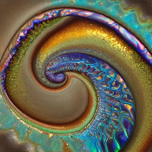 Image similar to Art Nouveau cresting oil slick waves, hyperdetailed bubbles in a shiny iridescent oil slick wave, ammolite, druzy, detailed giant opalized ammonite shell, black opal, abalone, paua shell, ornate copper patina medieval ornament, rococo, organic rippling spirals, octane render, 8k 3D, druzy geode, cresting waves and seafoam