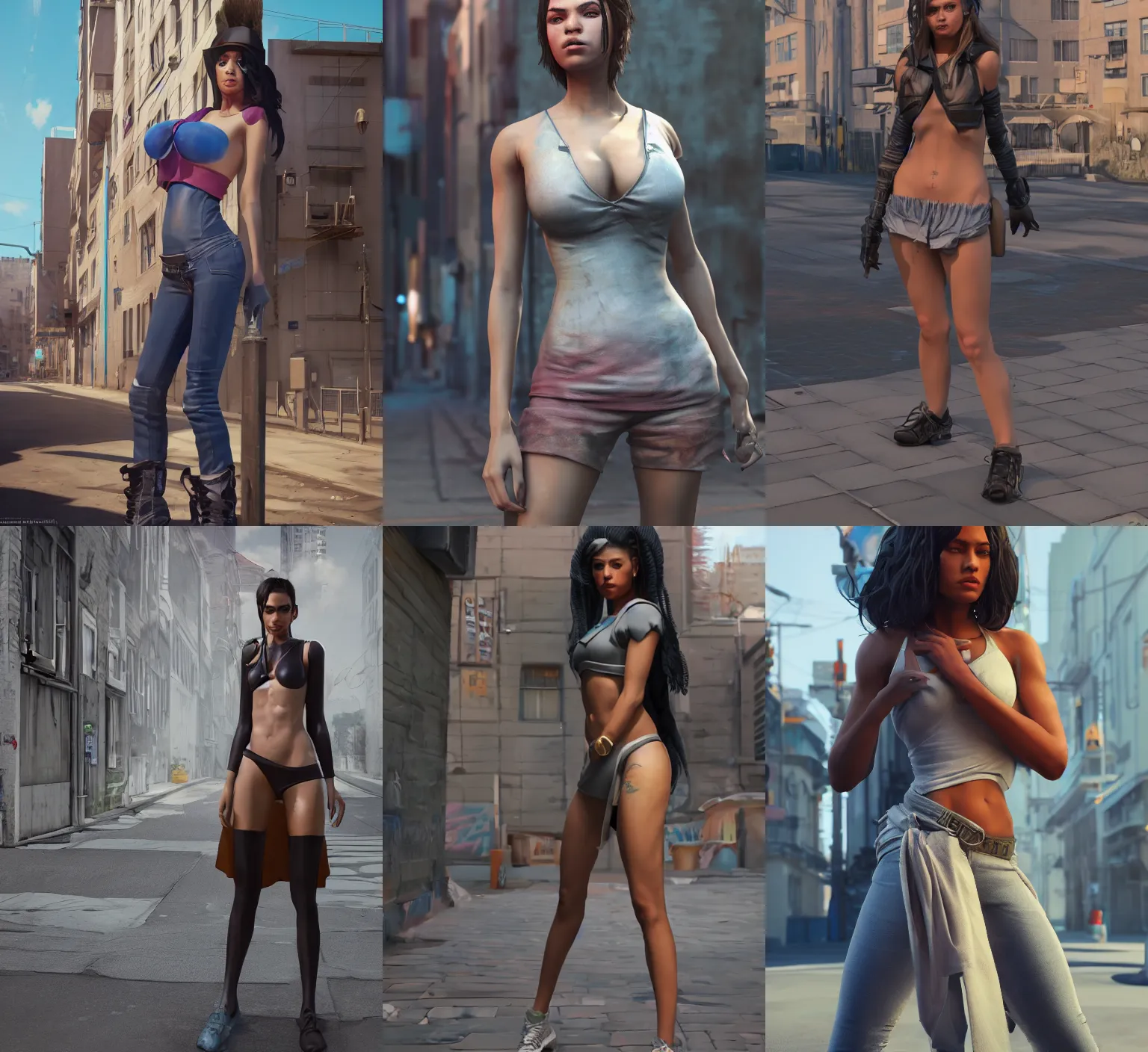 Prompt: procedurally generated, beautiful badass urban girl character posing for painting, city streets behind her, substance designer, PBR, HD, Ultra detailed, hyperrealistic, megascans, volumetric light, concept by master artist