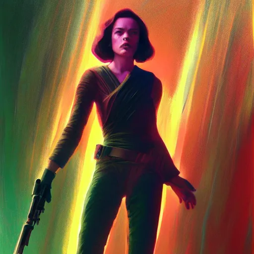 Image similar to daisy ridley ( star wars ), full body portrait colorful oil painting by android jones, john jean, yuumei, yanjun cheng, unreal 5, daz, hyperrealistic, octane render, rpg portrait, dynamic lighting, fantasy art, beautiful face