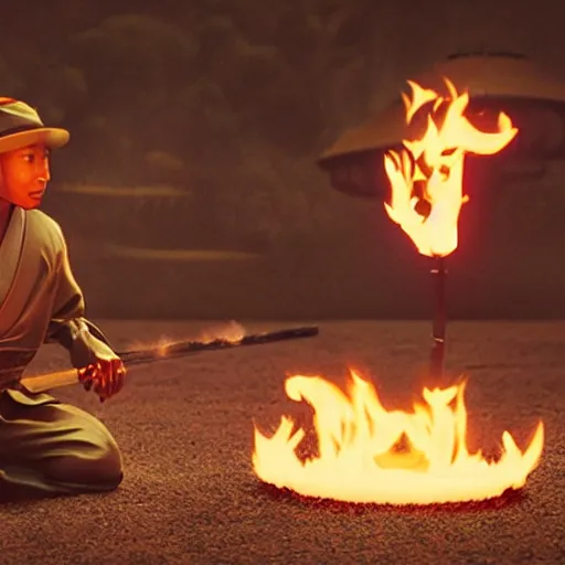 Image similar to cinematic film still Pharrell Williams starring as a Samurai holding fire, Japanese CGI, VFX, 2003, 40mm lens, shallow depth of field,film photography