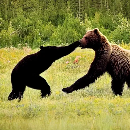 Image similar to realistic photo of a human - size black spider fighting a grizzly bear in a meadow