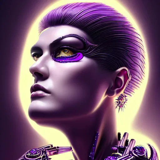 Prompt: woman with extremely large and intricate haircut with angry purple eyes and slim features looking askance, eye cyberpunk bionics, retro futurist style, intricate, elegant gleaming intricate baroque jewelry, angelic halo, highly detailed, digital painting, artstation, concept art, smooth, sharp focus, illustration, art by wlop, mars ravelo and greg rutkowski,