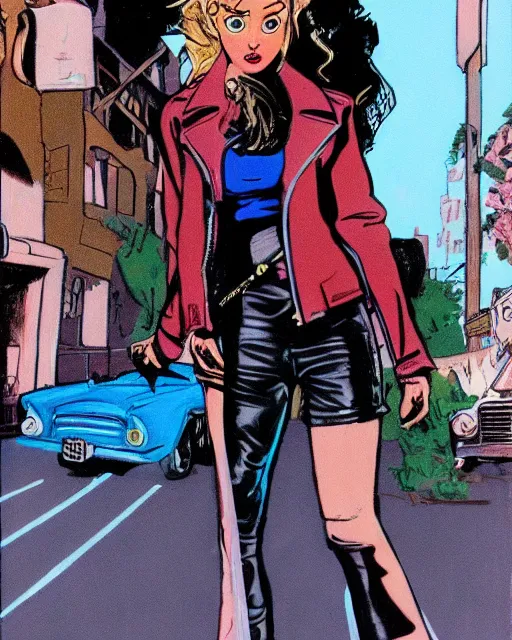 Image similar to young female protagonist in leather jacket, city street, artwork by ralph bakshi