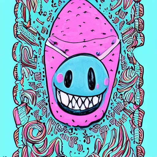 Image similar to crying cute eyes mouth pink ice cream, blue waffle cone, jester themed, intricate concept art, thick line drawing, 1 9 8 3 horror painted book cover art