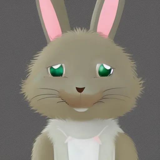 Image similar to little anthropomorphic bunny, green eyes, light brown fur, grey hair, wlop