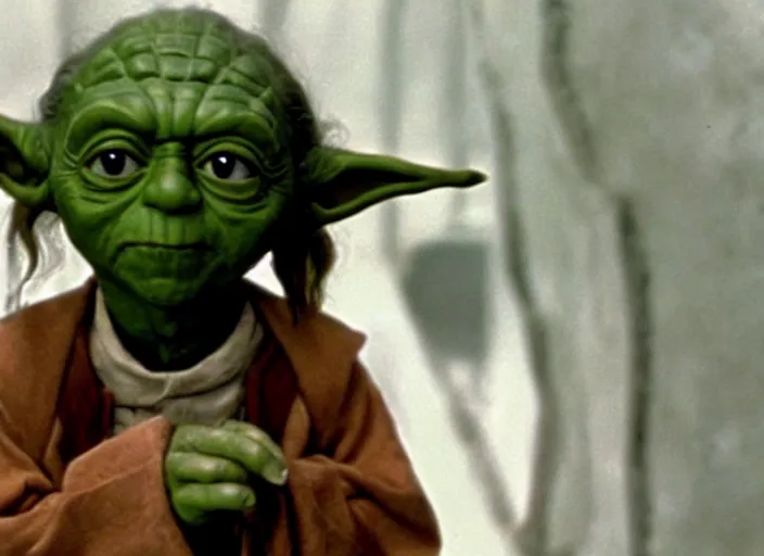 Prompt: a film still of yoda as an oompa loompa inwilly wonka and the chocolate factory 1 9 7 1