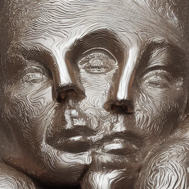 Prompt: octane render portrait by wayne barlow and carlo crivelli and glenn fabry, a giant shiny smooth reflective colorful patterned metal statue of a face by jeff koons wrapped in folded white silk, cinema 4 d, ray traced lighting, very short depth of field, bokeh