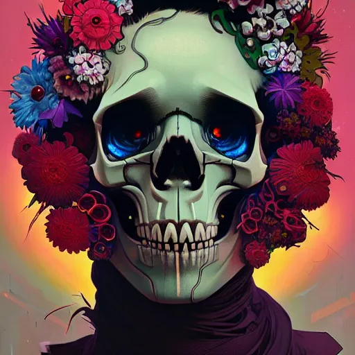 Prompt: a beautiful portrait painting of a ( cyberpunk ) skull covered with flowers by simon stalenhag and pascal blanche and alphonse mucha!! and nekro!! and josan gonzalez. in style of digital art. colorful comic, film noirs, symmetry, brush stroke, vibrating colors, hyper detailed. octane render. trending on artstation