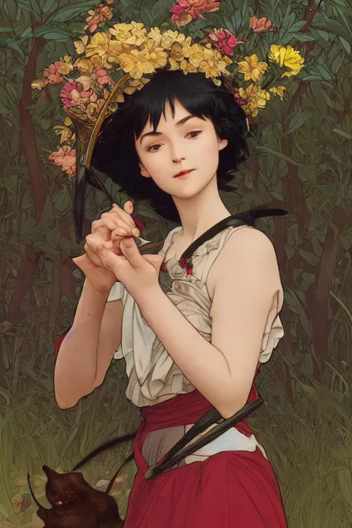 Image similar to kiki in kiki\'s delivery service in ancient java, highly detailed, digital painting, artstation, concept art, smooth, sharp focus, illustration, ArtStation, art by artgerm and greg rutkowski and alphonse mucha and J. C. Leyendecker and Edmund Blair Leighton and Katsuhiro Otomo and Geof Darrow and Phil hale and Ashley wood and Ilya repin and Charlie Bowater