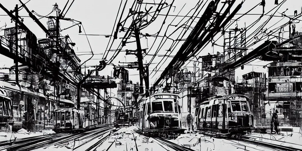 Image similar to post apocalyptic wasteland overhead wires telephone poles neon futuristic cyberpunk sunset clouds sky streetcar tram subway tunnel illustration by syd mead