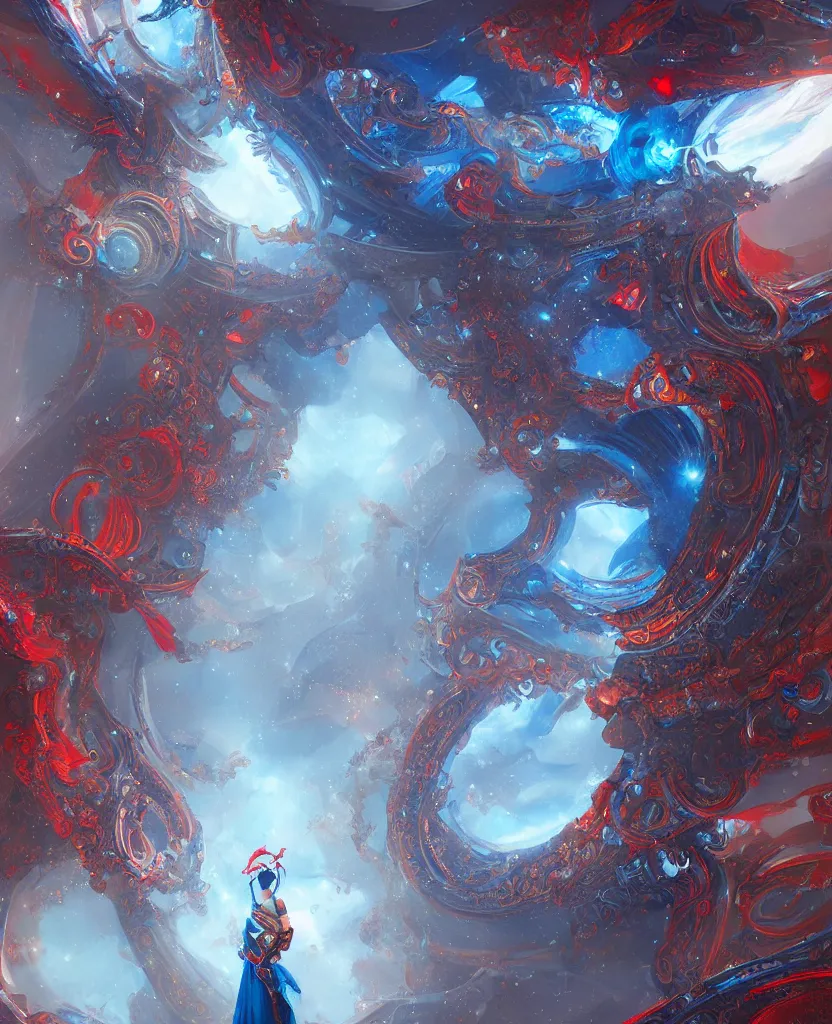 Image similar to structure of the oracle, blue colors with red accents, intricate and ornate, highly detailed fantasy digital painting by jessica rossier