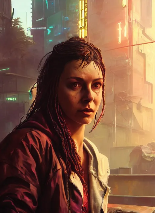 Image similar to portrait of Lauren Layfield as a homeless character in Cyberpunk 2077, looking at camera, intricate, dystopian, sci-fi, extremely detailed, digital painting, artstation, concept art, smooth, sharp focus, illustration, intimidating lighting, incredible art by artgerm and greg rutkowski and alphonse mucha and simon stalenhag