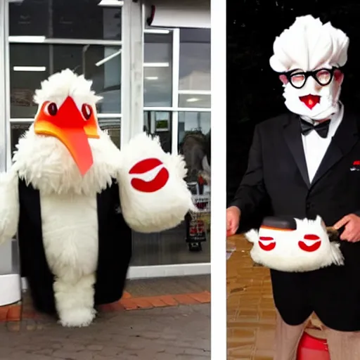 Image similar to anthropomorphic colonel sanders chicken abomination, working at kfc, real life photo,