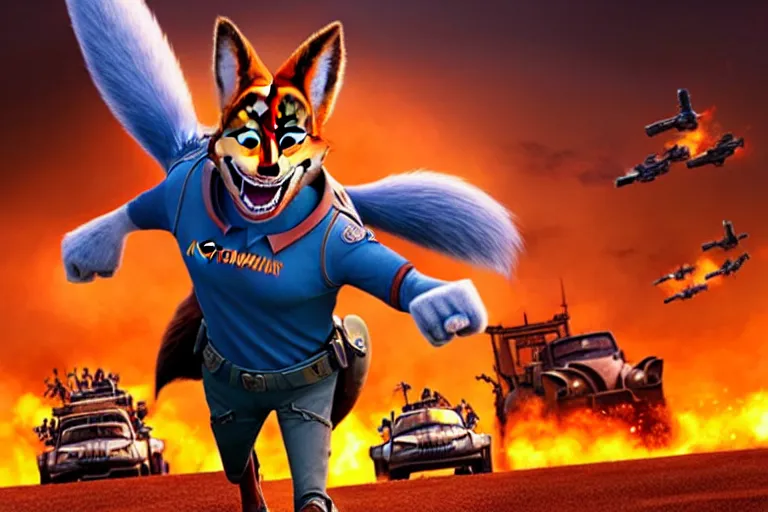 Image similar to nick wilde ( from zootopia ), heavily armed and armored facing down armageddon in a dark and gritty reboot from the makers of mad max : fury road