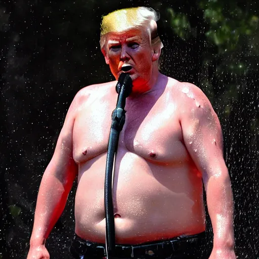 Image similar to extremely wet and sweaty donald trump, very fat, high quality photograph, extreme detail