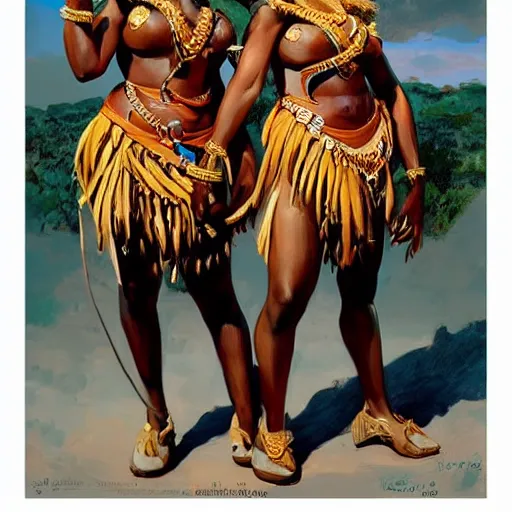 Image similar to : Zulu goddesses holding hands, fanart + digital art + art by J.C. LEYENDECKER + 4K UHD IMAGE + STUNNING QUALITY