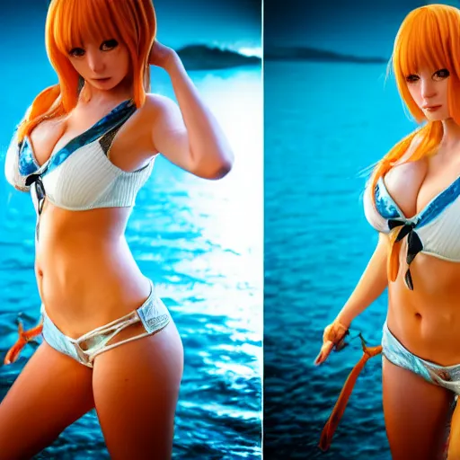 Image similar to A full portrait photo of real-life nami one piece, f/22, 35mm, 2700K, lighting.