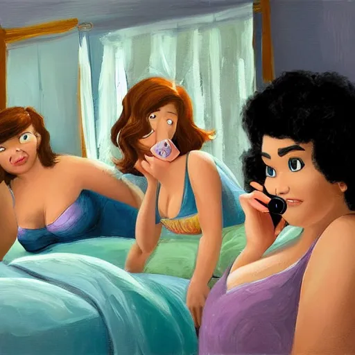 Prompt: stunning, coherent, beautiful painting, still of a group of bbw women taking a picture of each other posing in the same bed , they are all laying down , 3d, in the style of pixar, comic book cover, 3d, highly detailed, highly detailed, sharp focus, bokeh, depth of field, 16k resolution, Unreal Engine 5, coherent, cinematic lighting, photorealistic, by Zhang Jingna