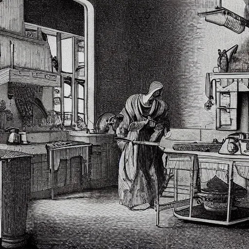 Image similar to kitchen of an abandonded house, illustration by Gustav Doré